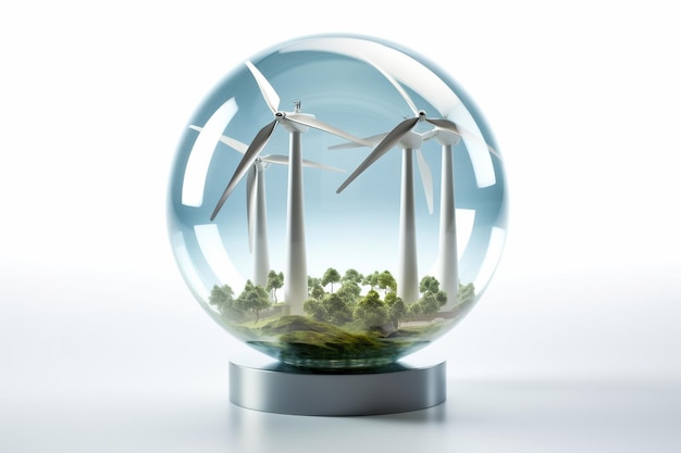 A group of wind turbines or windmills inside a glass sphere