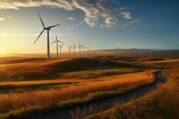 Group of windmills for electric power production created with Generative AI