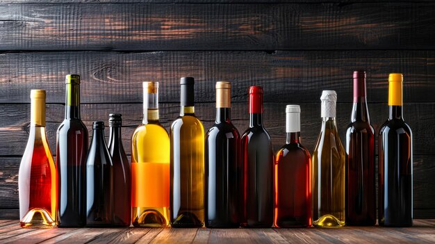 Group of Wine Bottles on Wooden Table