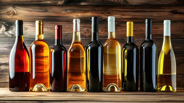 Group of Wine Bottles on Wooden Table