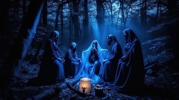 A group of witches sit in a dark forest with a candle in the middle.