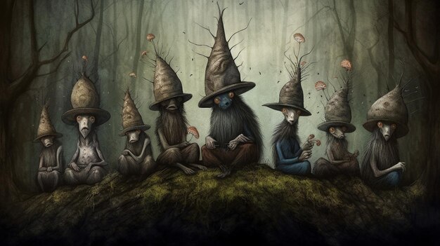 A group of witches sit in a forest.