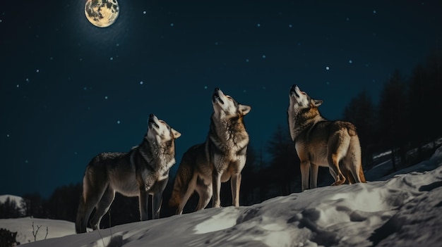 雪に覆われた斜面の上に立つオオカミの群れ 生成AI画像