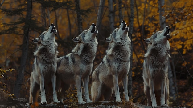 a group of wolves are standing in front of a forest
