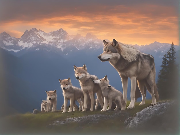 Photo a group of wolves sitting on top of a grass covered hillside ai generated