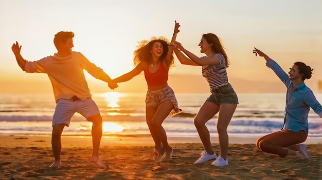 a group of women are dancing on the beach at sunset