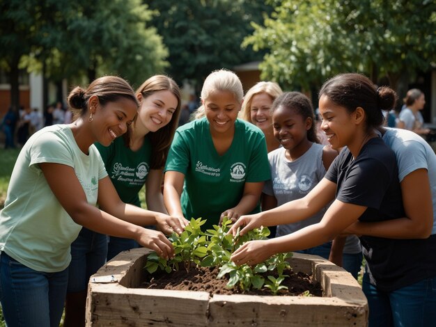 a group of women are gathered around a garden