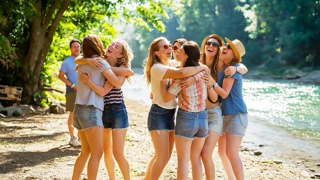 a group of women are hugging and one of them is wearing a blue shirt