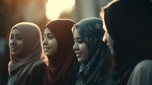 A group of women are lined up in a line, one of them has a red head scarf.