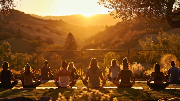 Photo a group of women are sitting in a yoga pose on a grassy hill at sunset they are all wearing sportswear and have their eyes closed