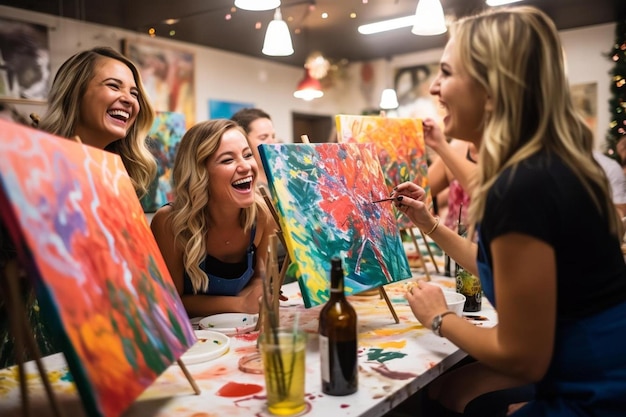 a group of women are smiling and painting in a restaurant.