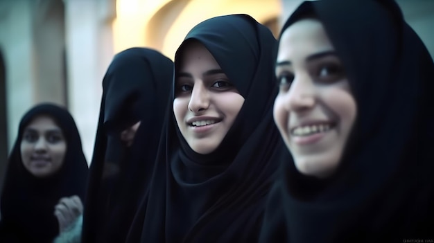 A group of women are standing in a line, one of them is wearing a black hijab.