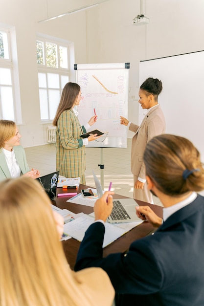 a group of women are standing in a meeting room and one has a whiteboard behind them