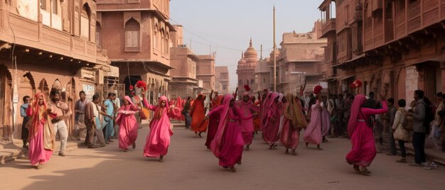 Photo a group of women are walking in a street with a pink dress on