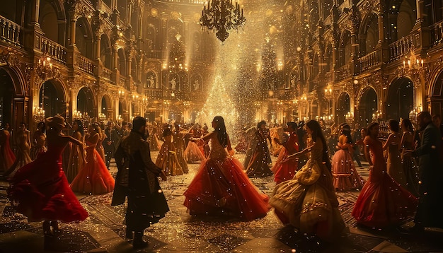 A group of women in ball gowns are dancing in a ballroom