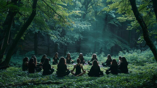 A group of women in black dresses are sitting in a circle in the middle of a forest They are all meditating with their eyes closed