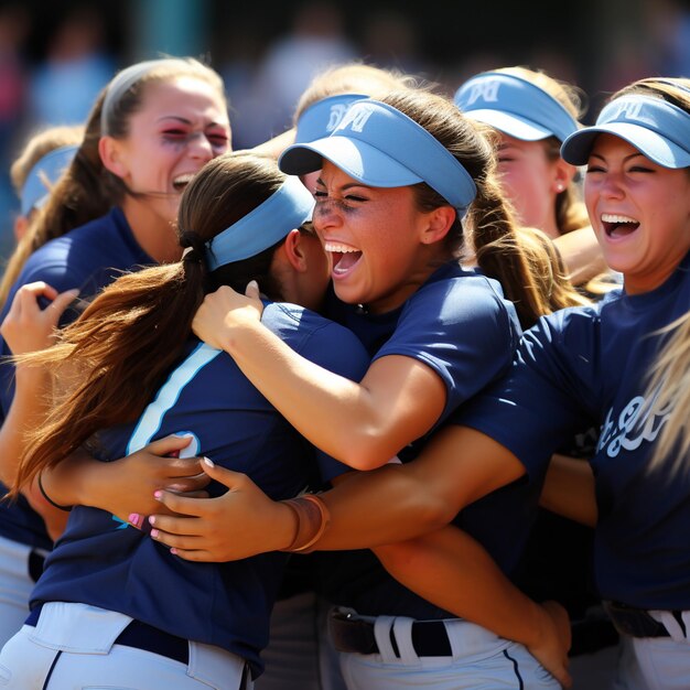 A group of women in blue shirts are hugging each other.