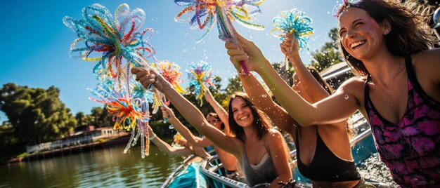 Foto un gruppo di donne su una barca con girandole