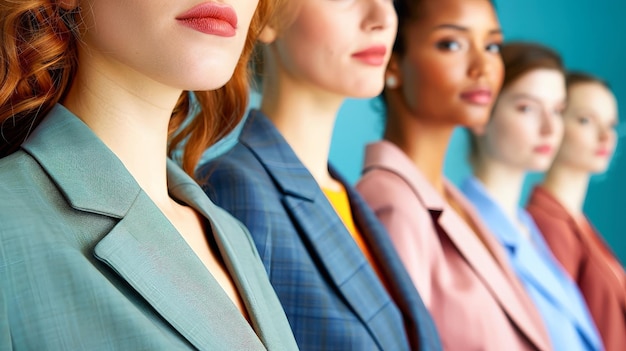 A group of women in business suits standing next to each other at the office