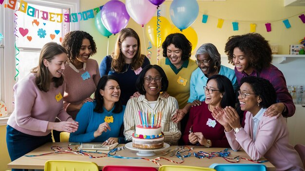 a group of women celebrating a birthday with a cake and balloons