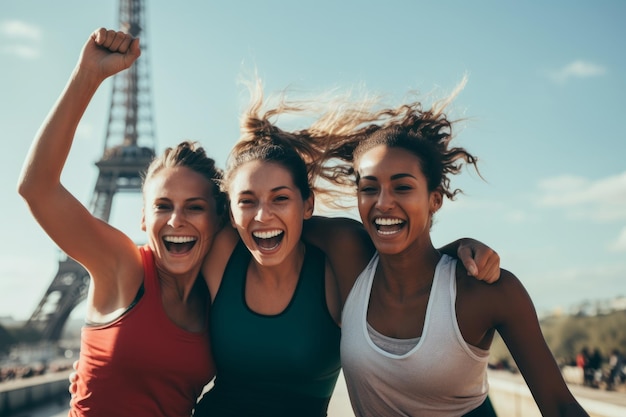 Photo group of women celebrating winning a sports competition with the eiffel tower in the background