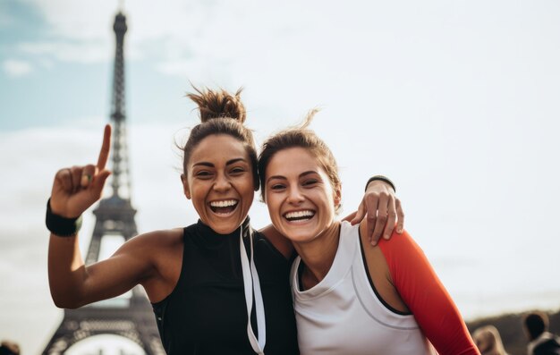 Group of women celebrating winning a sports competition with the eiffel tower in the background