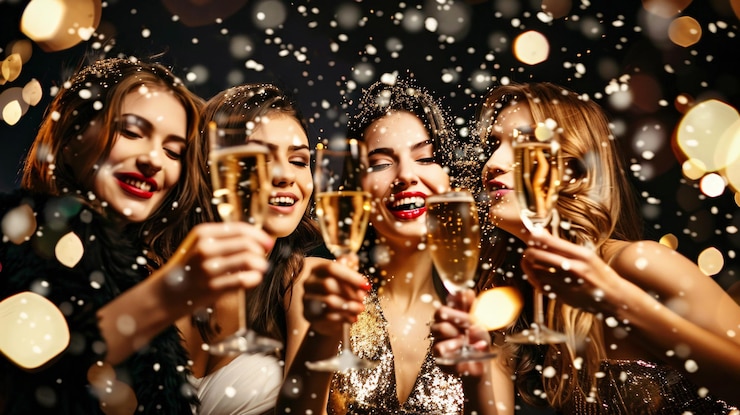 Photo a group of women celebrating with champagne glasses in the snow
