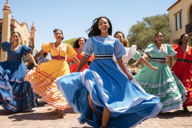 Photo a group of women in colorful dresses are dancing