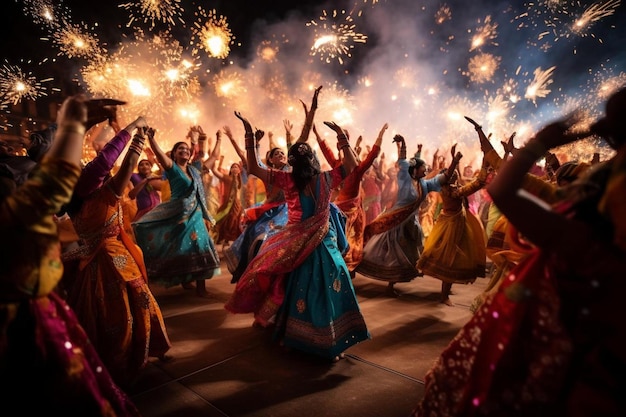 a group of women in colorful saris with fireworks behind them