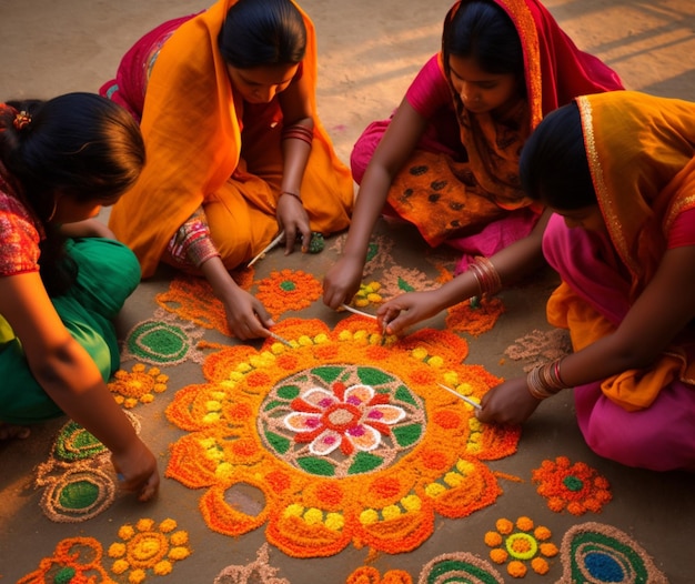 A group of women creating intricate rangoli designs