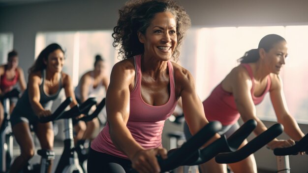 Photo group of women of different ages and races during cycling workout group fitness classes on exercise