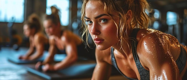 Photo a group of women doing push ups in a gym