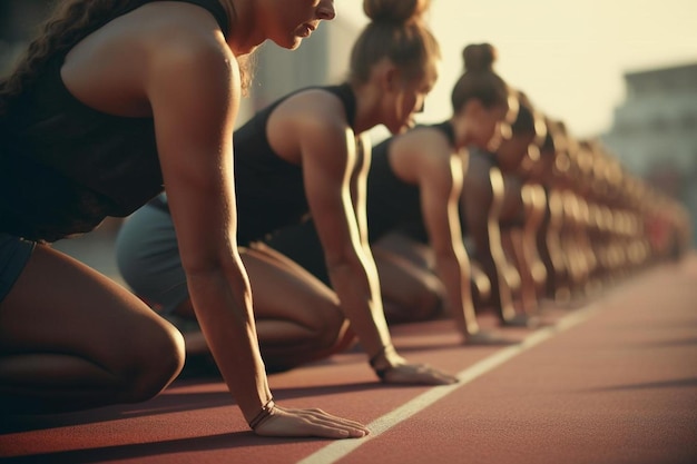 A group of women doing push ups on a track.