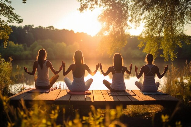 a group of women doing yoga on a dock