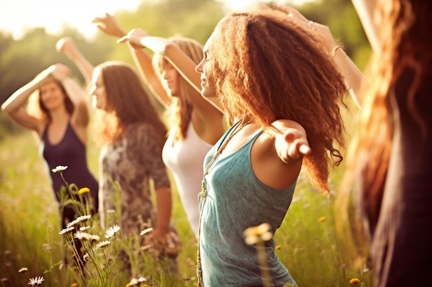 A group of women doing yoga in a field