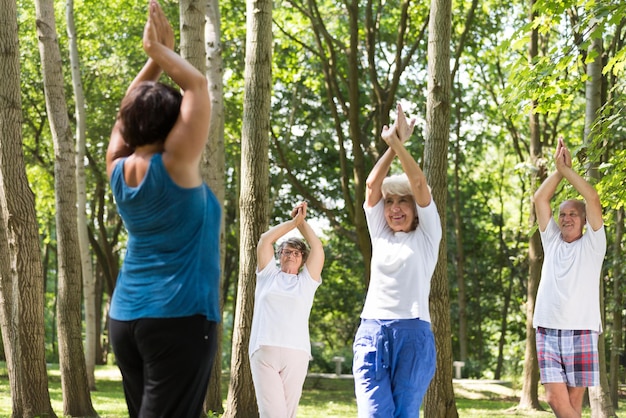 A group of women doing yoga in a park.