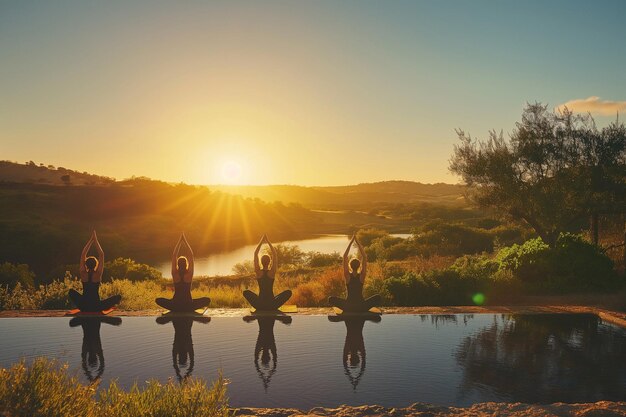 Group of women doing yoga in a peaceful outdoor setting at dawn Fitness lifestyle Healthy wellness