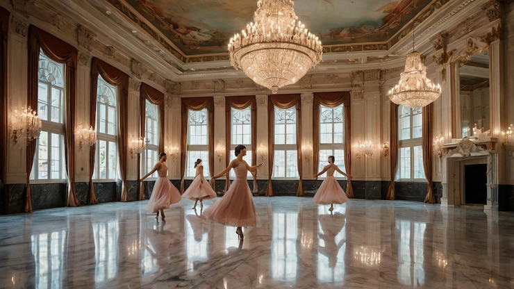 Photo a group of women in dresses are dancing in a ballroom