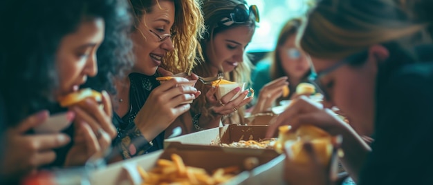 Group of women eats food that is in a box