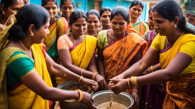 A group of women engaged in the traditional game of Uriyadi attempting to break a hanging pot fille