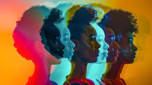 Photo a group of women from various cultures standing together in front of a vibrant and colorful backdrop