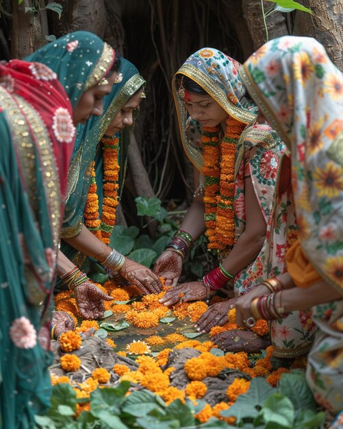 Photo a group of women gathered around sacred background