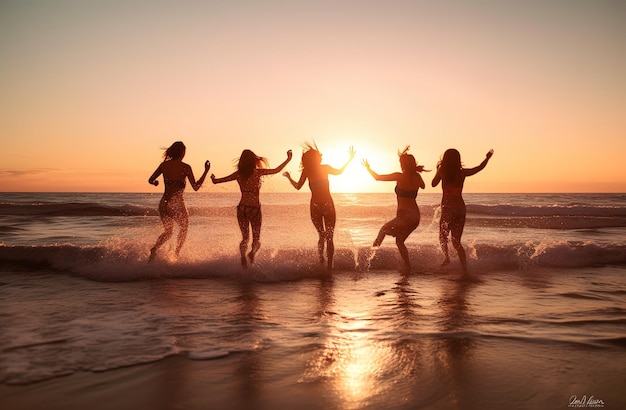 A group of women having fun on the beach at sunset