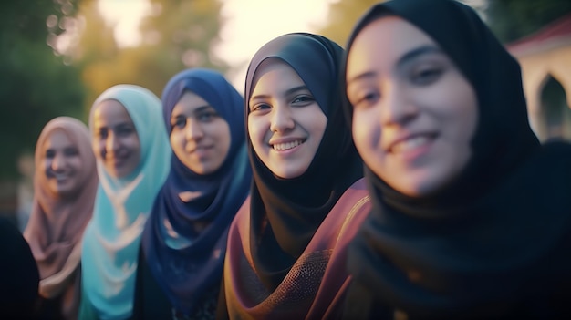 A group of women in hijab and hijab stand in a line.