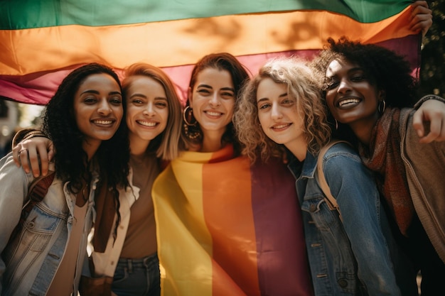 Group of women holding a rainbow flag