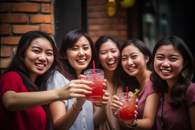 Photo a group of women holding up drinks in front of a brick wall