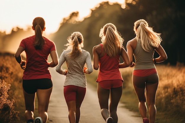 Foto gruppo di donne che fanno jogging e corrono per strada all'alba