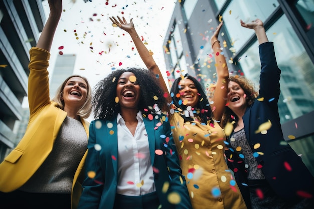 Photo a group of women joyfully throwing vibrant confetti into the air in celebration happy diverse employees team celebrating success ai generated