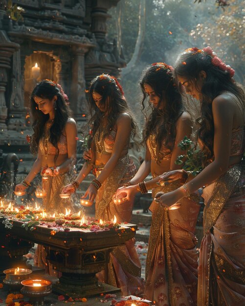 Photo a group of women lighting oil lamps at background