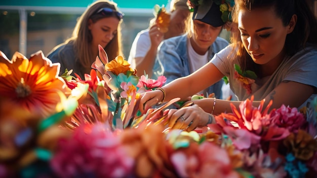 Photo a group of women looking at flowers